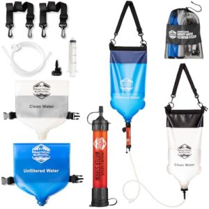 Gravity Water Filtration System – 2 High Capacity Lightweight Hanging Bags for Backpacking, Camping, Survival, Hiking, Hunting – Dirty, Clean Water Bags, Water Filter and Cleaning Plunger Included