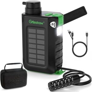 Greeshow Electric Portable Water Filter Camping – Solar Powered, Hand Crank, USB Charging, Water Purifier Survival with Emergency Light for Hiking Backpacking Travel Outdoor, Phone Charger, GS-2811