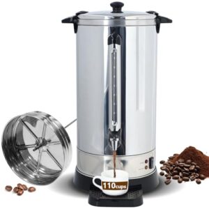 HOMOKUS Commercial Coffee Urn,16.5L Large Coffee Maker with Drip Tray,110 Cup Double Wall Stainless Steel Drink Coffee Dispenser,1500W Quick Brew Electric Coffee Percolator for Party Restaurant