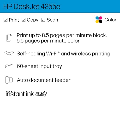 HP DeskJet 4255e Wireless All-in-One Color Inkjet Printer, Scanner, Copier, Best-for-Home, 3 Month Instant Ink Trial Included (588S6A) - Image 3