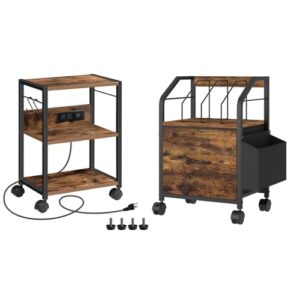 Industrial Printer Cart and Small File Cabinet Bundle, Home Printer Stand with 2 Hooks, Under Desk Storage for Home Office, PTHR40E01Z-FCHR3001