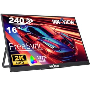 InnoView 16″ 2K 240Hz Portable Monitor,133% sRGB Portable Gaming Monitor Laptop Monitors Built-in 180° Adjustable Stand Type-C HDMI IPS Eye Care External Second Screen for PS4 PS5 Switch Xbox PC