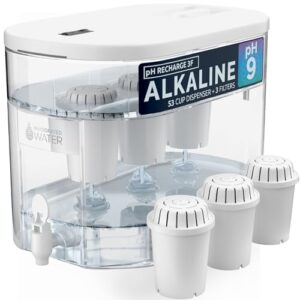 Invigorated Water – Alkaline Countertop Water Filter Dispenser, Large 52-Cup Capacity, Mineralized Alkaline Water, BPA-Free, 96 Gallons/Filter (White, 3 Filters Included)