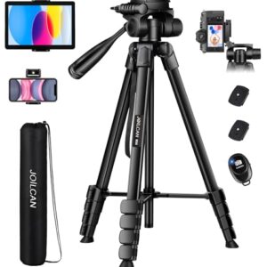JOILCAN Camera Tripod, 68″ Tablet Tripod Stand for Phone Cameras, Travel Tripods Compatible with iPad iPhone DSLR SLR Projector, Cell Phone Tripods Stand with Remote/Travel Bag / 2 in 1 Mount