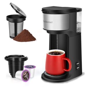 K Cup Coffee Maker, Single Serve coffee machine or Ground Coffee Machine 2 in 1, 6 to 14 Oz Brew Sizes, Mini One Cup Coffee Maker with Self cleaning Function, Fits Travel Mug, Black