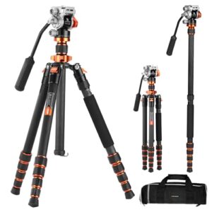 K&F Concept Tripod for Camera，68inch/173cm Carbon Fiber Tripod with Fluid Head Max Load 11lbs/5kg, Lightweight DSLR Camera Tripods & Monopods for Canon Sony Nikon.