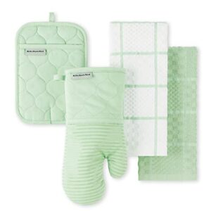 KITCHENAID Quilted Cotton Terry Cloth Oven Mitt, Pot Holder, Kitchen Towel 4-Pack Set, Heat Resistant, Silicone Grip, 16″x26″, 7″x13″ & 7″x10″, Pistachio