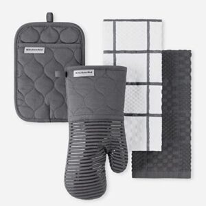 KITCHENAID Quilted Cotton Terry Cloth Oven Mitt, Pot Holder, Kitchen Towel 4-Pack Set, Heat Resistant, Silicone Grip, Gift Set, Charcoal Grey, 16″x26″, 7″x13″ & 7″x10″