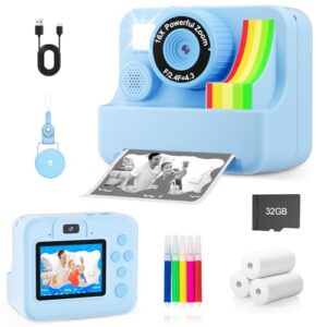 Kids Camera Instant Print – Dual-Lens Selfie Cameras, Portable Toddler Digital Camera Toy with 3 Roll Paper – Christmas Birthday Idea Gift for 3 4 5 6 7 8 9 10 11 12 Years Old Boys 32G (Blue)