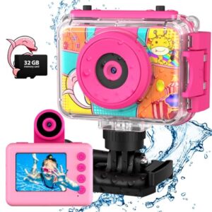 Kids Camera, Waterproof Kids Digital Camera, Children Selfie Camera with 180°Flip Len, 20MP 1080P Sports Action Toy Underwater Camera for Pool Helmet, Birthday Gifts for Boys Girls Age 3-12