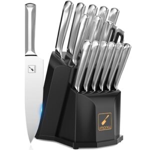 Knife Block Set, imarku 16 Pcs Kitchen Knife Set with Sharpening Rod, High Carbon Stainless Steel Knives Set for Kitchen with Ergonomic Non-Slip Handle, Dishwasher Safe