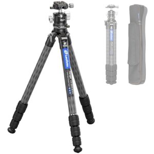 LEOFOTO Carbon Fiber Tripod with Leveling Base for Camera, 360° Rotating Ball Head, 1/4″ QR Plate for Sport Camera/Phone/Projector, Compact Tripod with Panoramic Base, A Bubble Level, Max Load 22LB