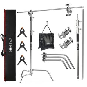 LOMTAP C Stand Light Stand Stainless Metal Photography Kit – Heavy Duty 6.8ft/210cm Vertical Pole, 2.8ft/87cm Boom Arm, Adjustable Base, Water Sandbag, 2 Grip Heads, 3 Clips for Softbox, Reflector