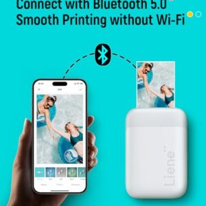 Liene 2×3” Photo Printer, Mini Instant Portable Color Mono Picture Printer Bundle 50 Zink Adhesive Paper, Bluetooth 5.0, Compatible w/iOS & Android, Small Phone Sticker for iPhone, Smartphone, White