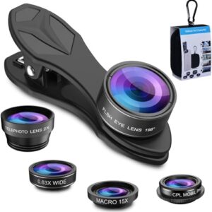 MIAO LAB 5 in 1 Phone Camera Lens Kit -0.63X Wide Angle Lens & 15X Macro Lens+190°Fisheye Lens/CPL + 2X Telephoto Lens Compatible with iPhone Samsung Sony and Most of Smartphone