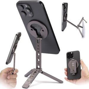 Magnetic Tripod for iPhone 12/13/14/15/16 & MagSafe Cases | Handy Phone Stand | 20 N52 Magnets Inside, Cold Shoe Mount, 1/4″ Screw & Foldable Hook
