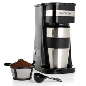 Mixpresso Personal Single Serve Coffee Maker & 14oz Travel Mug, Drip Small Coffee Maker & Tumbler, Auto Shut Off & Reusable Filter, Works with Ground Coffee Only – Not Compatible with K-Cup Pods