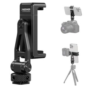 Neewer Metal Phone Tripod Mount with Cold Shoes, 1/4″ Thread, 180° Tilt, 360° Rotation, Adjustable Phone Clamp Metal Phone Holder Compatible with iPhone 16 15 Pro Max S24 Ultra Camera Cage, GA010