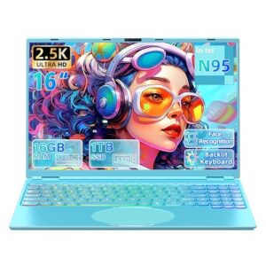 New 16″ Blue Laptop,Ultra-Narrow Bezel 2.5K QHD IPS (2560×1600), In tel N95 (3.4GHz), 16GB RAM 1T SSD,Color Backlit KB, Face Unlock, USB-C/HDMI/WiFi/BT,Win 11 Pro, for Business Study Entertainment