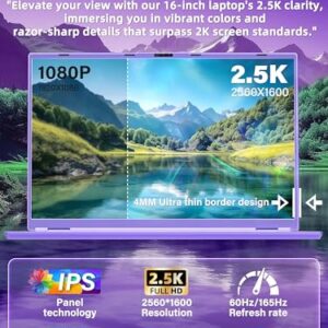 New 16″ Purple Laptop,Ultra-Narrow Bezel 2.5K QHD IPS (2560×1600), In tel N95 (3.4GHz), 16GB RAM 512G SSD,Color Backlit KB, Face Unlock, USB-C/HDMI/WiFi/BT,Win 11 Pro, for Business Study Entertainment