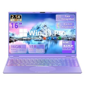 New 16″ Purple Laptop,Ultra-Narrow Bezel 2.5K QHD IPS (2560×1600), in tel N95 (3.4GHz), 16GB RAM 1T SSD,Color Backlit KB, Face Unlock, USB-C/HDMI/WiFi/BT,Win 11 Pro, for Business Study Entertainment