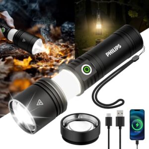 PHILIPS Flashlights High Lumens Rechargeable,1500lm Tactical Flashlights with Camping Lamp&Ignition Lens,2 Colors,Zoomable,5Modes,Reverse Charging,LED Bright Flashlight for Home,Outdoor,Gift