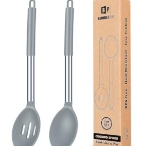 Pack of 2 Large Silicone Cooking Spoons,Non Stick Solid Basting Spoon,Heat-Resistant Kitchen Utensils for Mixing,Serving,Draining,Stirring (GREY)