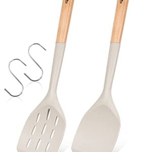 Pack of 2 Silicone Spatula, Non Stick Cooking Utensil Set Wooden Handle Kitchen Turner for Baking Mixing Grilling Serving Food Heat Resistant Non Scratch Hooks Included (Khaki)