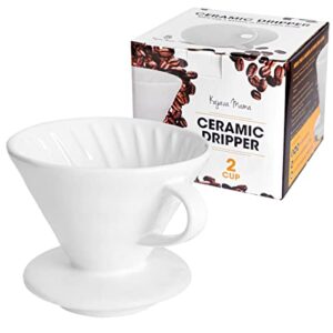 Pour Over Coffee Dripper – Ceramic Slow Brewing Accessories for Home, Cafe, Restaurants – Easy Manual Brew Maker Gift – Strong Flavor Brewer – V02 Paper Cone Filters – White, 2 Cup