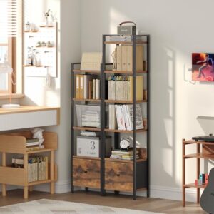 Printer Stand and Bookcase Bundle, Rolling Printer Table on Wheels for Home Offices, 5-Tier Bookcase with Drawer, PTHR78E01-BKHR55101
