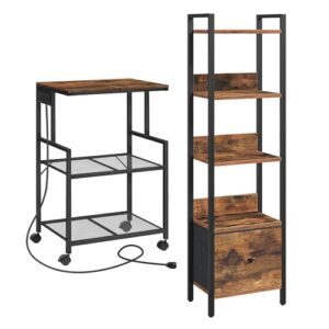 Printer Stand and Bookcase Bundle, Rolling Printer Table on Wheels for Home Offices, 5-Tier Bookcase with Drawer, PTHR78E01-BKHR55101