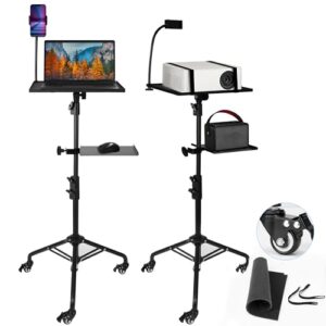 Projector Stand Tripod – 24 to 59 Inch Adjustable Height – Dual Shelves Laptop Tripod Stand with Moveable Wheels and Phone Holder, Portable Laptop Stand for Office, Stage & Outdoor Use