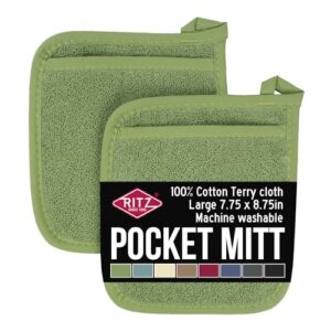RITZ Terry Pocket Mitt & Hot Pad: Heat Resistant, Durable 100% Cotton – Ergonomically Designed for Optimal Grip, Easy-Care Machine Washable, Perfect for Your Kitchen – Cactus Green, 2-Pack