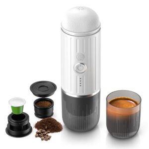 Rich Crema Portable Electric Espresso Coffee Maker, Travel Car Hiking, Fast self-heating 2 IN 1 Extraction System Espresso Machine, Support Ground Coffee and NS capsule, ME2218 (White 03)