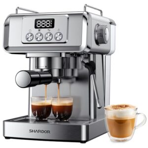 SHARDOR Espresso Machine 20 Bar with Milk Frother Steam Wand, Professional Latte & Cappuccino Maker for Home, 60 Oz Water Tank, Temperature Display, Stainless Steel, 1350W