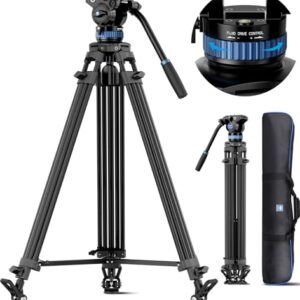 SIRUI AM-25S Video Tripod, 74.8″ Professional Heavy Duty Tripod with Adjustable Damping Fluid Head for Camcorder, Cameras, DSLR, 360° Pan & +90°/-75° Tilt, Quick Release Plate, Max Load 22.0lb