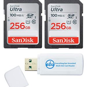SanDisk 256GB SDXC SD Ultra Memory Card (Two Pack) Works with Canon EOS Rebel T7, Rebel T6, 77D Digital Camera Class 10 (SDSDUNR-256G-GN6IN) Bundle with (1) Everything But Stromboli Combo Card Reader