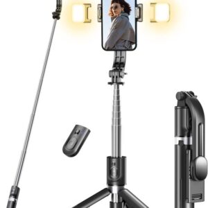 Selfie Stick Tripod with Light, 45” Selfie Stick with Wireless Remote, Portable Phone Tripod Compatible with iPhone 16/15 Pro Max/15/14 Pro/14/13, Samsung S22/ S23 Ultra/Android Smartphone