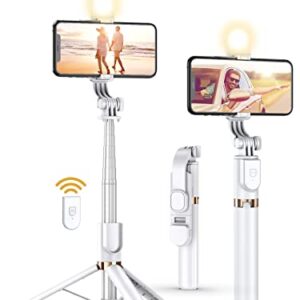 Selfie Stick Tripod with Wireless Remote, 46” Cellphone Selfie Stick Tripod with LED Fill Light, for iPhone 16/15/14/14 pro/13/13 Pro/12/11/11 Pro/XS Max/XS/XR/X/8/7 and Android Smartphone(Upgrade)