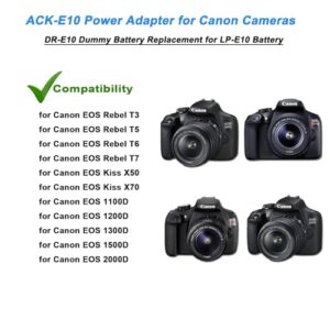 TKDY LP-E10 EOS Rebel T7 Dummy Battery ACK-E10 Continuous Power Supply DR-E10 DC Coupler Kit for Canon EOS T7 T6 T5 T3, Kiss X50 X70 X80 X90, EOS 1100D 1200D 1300D 1500D 2000D Digital Camera.