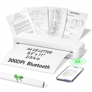 Thermal Printers, Support 8.5″ X 11″ US Letter & A4 Size, Bluetooth Printer Compatible with iOS, Android & Laptop for Home, Office, Car (White)