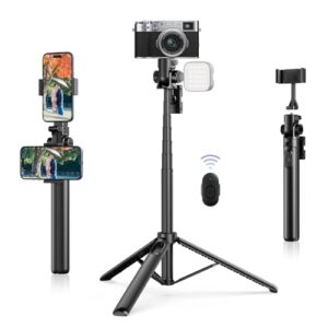 ULANZI MT-70 Extendable Tripod, 63″ Selfie Stick Vlog Tripod Stand with 2 Phone Clips, 360 Rotate Dual Camera Holder for iPhone, Sony, Canon, GoPro, Lightweight for Travel, Black