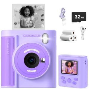 Upgrade Kids Camera Instant Print for Ages 3-12, Portable Instant Print Camera with HD Digital Video, Perfect Christmas Birthday Gift for Boys & Girls, Includes 32GB SD Card – Purple