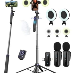 Vlogging Kit for iPhone/Android, 63”Auto Face Tracking Tripod for iPhone with Light, Wireless Microphones, Scrolling Remote Control for TikTok, Content Creator Kit for YouTube Starter