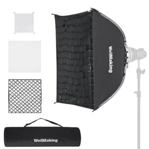 WELLMAKING Rectangular Softbox 60 x 60cm/23.6″ x 23.6″, Studio Soft Box with Diffusers/Honeycomb Grid/Bag,Compatible with Bowens Mount Light for Portrait or Product Photography Studio Flash Monolight