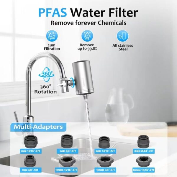 WINGSOL Stainless Steel Water Filter for Sink Faucet, NSF/ANSI 42 & 53, 360° Rotating Tap Purifier Reduces PFAS, Lead, Chlorine & Microplastics, 350 Gallons Long-Lasting for Kitchen & Bathroom - Image 3