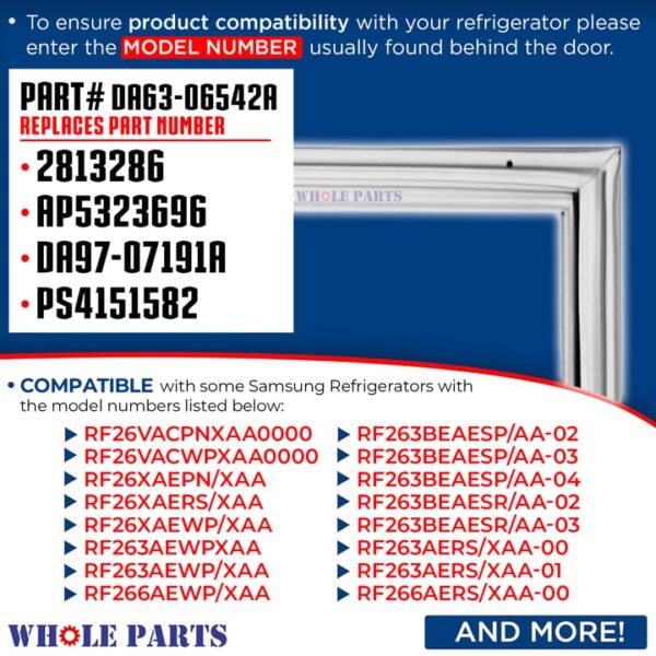 Whole Parts Refrigerator French Door Seal Gasket (Magnetic Strip Inside), Part# DA63-06542A - Replacement & Compatible with Some Samsung Refrigerators - Image 4