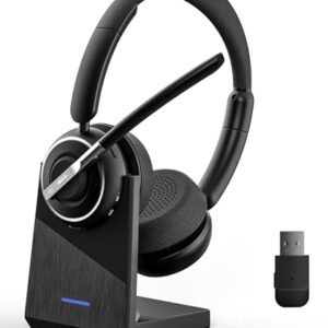 Wireless Headset, Bluetooth Headset with AI Noise Cancelling Mic, Bluetooth V5.2 Headphones with USB Dongle, Charging Base & Mic Mute for PC/Cell Phones/Call Center (Binaural, Black)