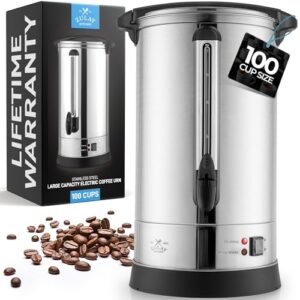 Zulay Commercial Coffee Maker Machine Urn – Large Percolator Pot Dispenser With Double-Wall Stainless Steel, Quick Brew, Stays Hot – Also for Water, Tea, Beverage at Events & Catering – 100 Cup Silver