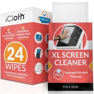 iCloth XL Screen and Electronics Wipes – Individually Sealed, Pre-Moistened with 70% Isopropyl Alcohol and Purified RO/DI Water – Lint-Free, Fast-Drying, (24 Wipes)